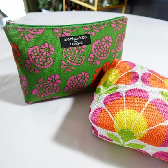 Marimekko x Clinique Set Cosmetic Bags Floral‎ Zip Top Pouches Green Pink Orange - Picture 1 of 11